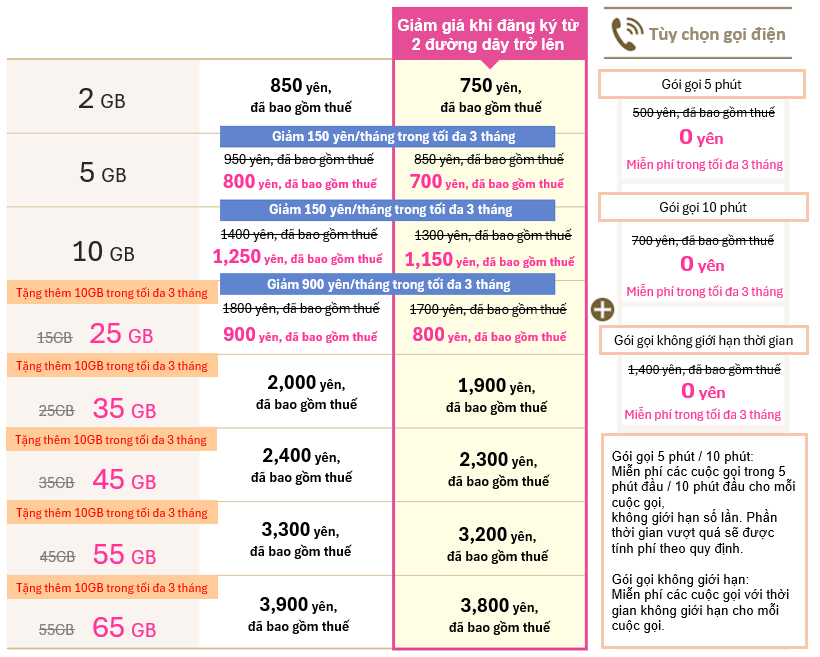 Bảng phí của IIJmio (minh họa)
